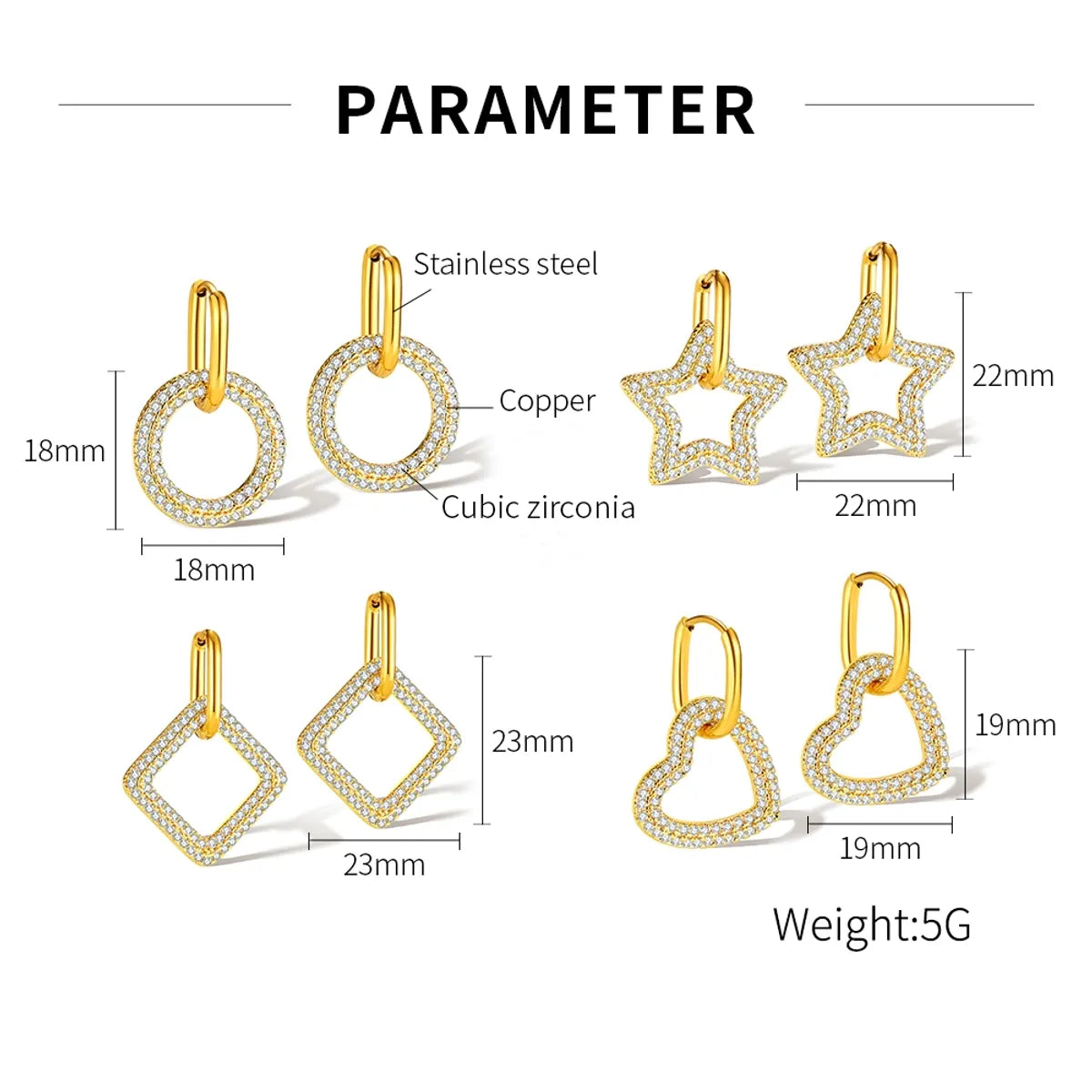 1 Pair Simple Style Round Square Heart Shape Plating Inlay Stainless Steel Copper Zircon Earrings