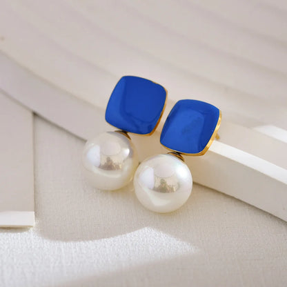 1 Pair Simple Style Round Square Plating Inlay Stainless Steel Pearl Drop Earrings