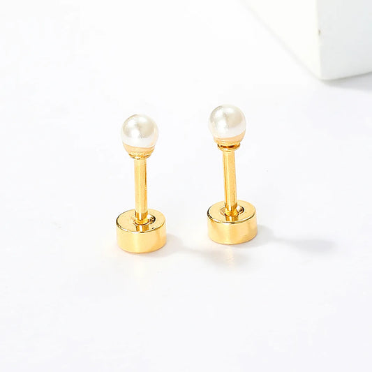 1 Pair Simple Style Round Plating Inlay Stainless Steel Artificial Pearls 18K Gold Plated Ear Studs