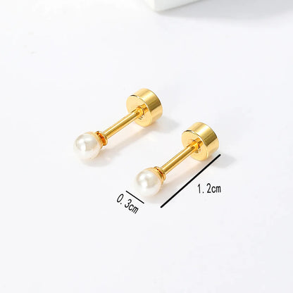 1 Pair Simple Style Round Plating Inlay Stainless Steel Artificial Pearls 18K Gold Plated Ear Studs