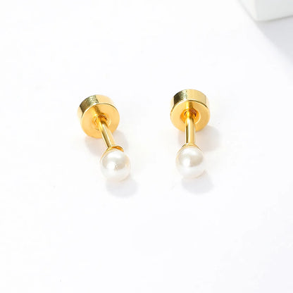 1 Pair Simple Style Round Plating Inlay Stainless Steel Artificial Pearls 18K Gold Plated Ear Studs