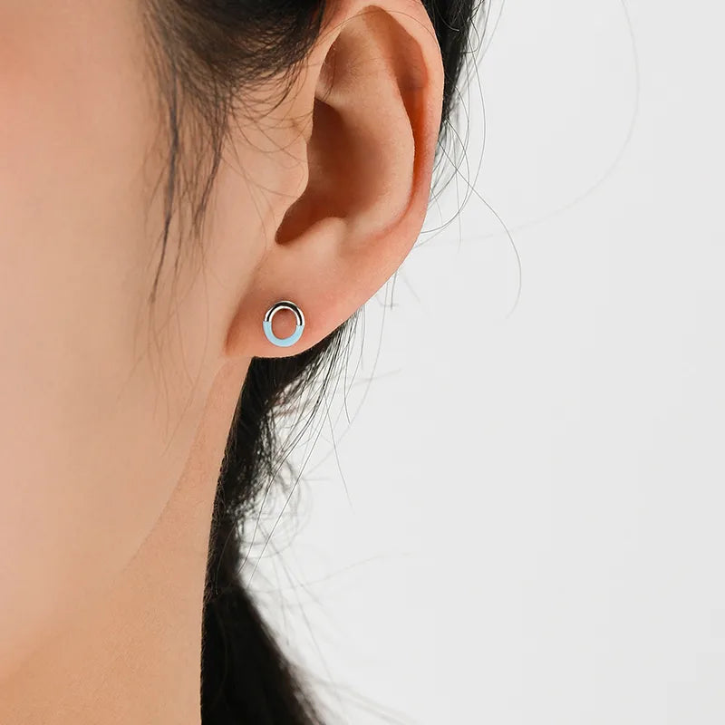 1 Pair Simple Style Round Sterling Silver Handmade Epoxy Plating Rhodium Plated Ear Studs