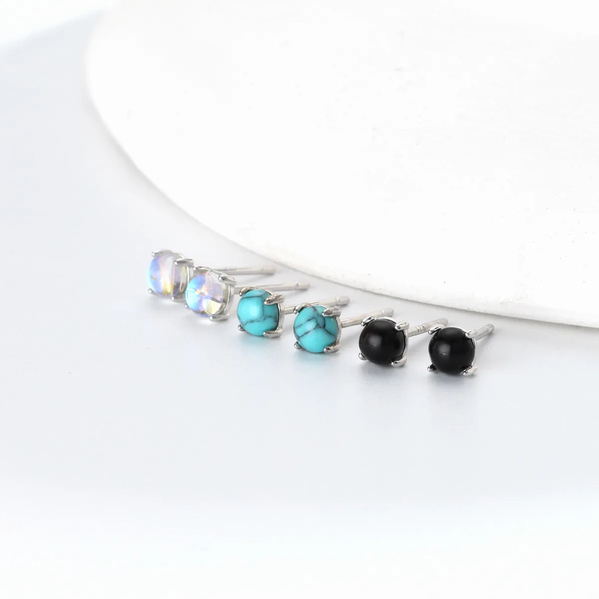 1 Pair Simple Style Round Sterling Silver Plating Inlay Moonstone Turquoise Agate White Gold Plated Gold Plated Ear Studs