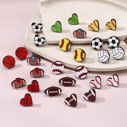 1 Pair Simple Style Rugby Heart Shape Football Wood Ear Studs