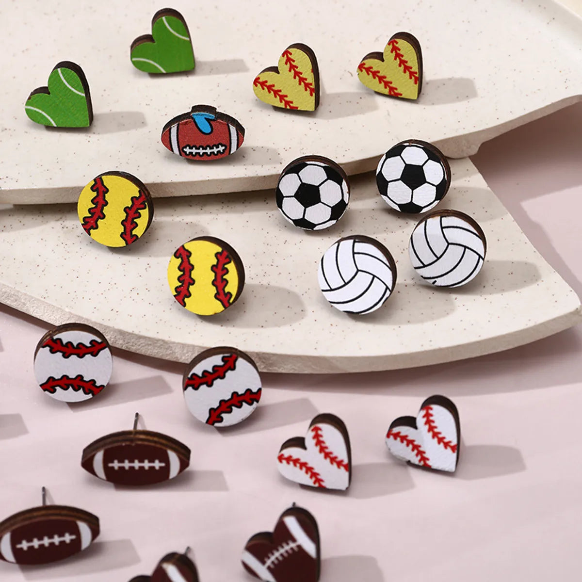 1 Pair Simple Style Rugby Heart Shape Football Wood Ear Studs