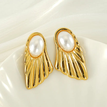 1 Pair Simple Style Sector Plating Inlay 304 Stainless Steel Pearl 18K Gold Plated Ear Studs