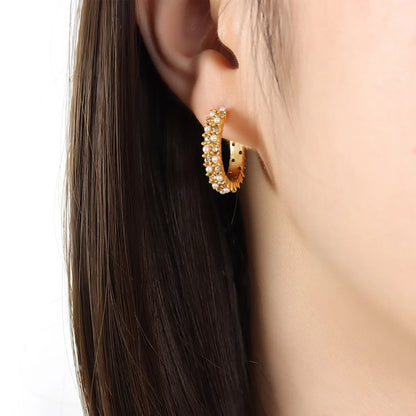 1 Pair Simple Style Shiny C Shape Plating Inlay Titanium Steel Artificial Pearls Rhinestones 18k Gold Plated Ear Studs