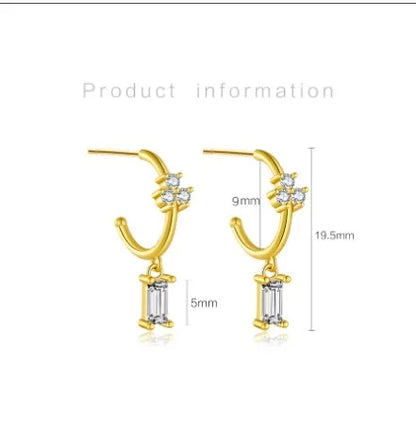 1 Pair Simple Style Shiny C Shape Rectangle Inlay Sterling Silver Zircon 18K Gold Plated Drop Earrings