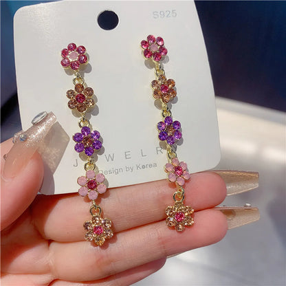 1 Pair Simple Style Shiny Flower Inlay Alloy Rhinestones Drop Earrings