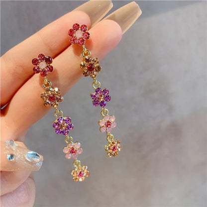 1 Pair Simple Style Shiny Flower Inlay Alloy Rhinestones Drop Earrings