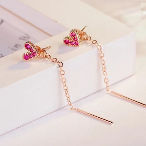 1 Pair Simple Style Shiny Heart Shape Chain Inlay Copper Zircon Drop Earrings Ear Studs