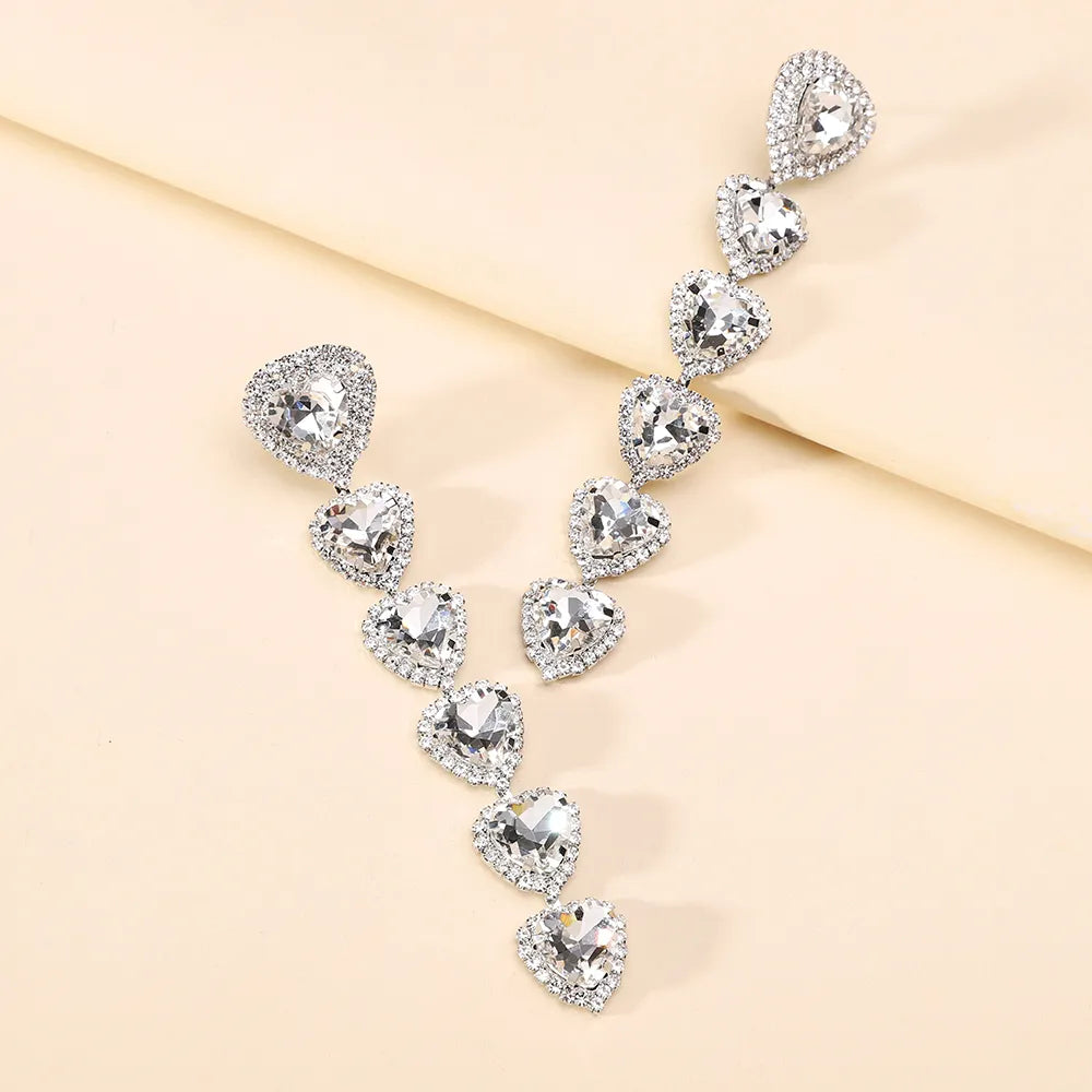 1 Pair Simple Style Shiny Heart Shape Inlay Alloy Glass Drop Earrings