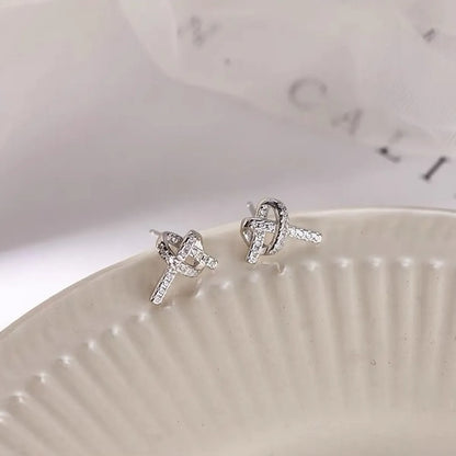 1 Pair Simple Style Shiny Heart Shape Knot Plating Inlay Sterling Silver Zircon Ear Studs