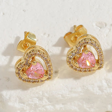 1 Pair Simple Style Shiny Heart Shape Plating Inlay Copper Zircon 14k Gold Plated Ear Studs