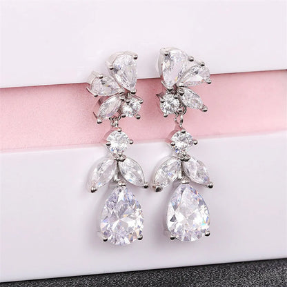 1 Pair Simple Style Shiny Leaf Water Droplets Inlay Copper Zircon Drop Earrings