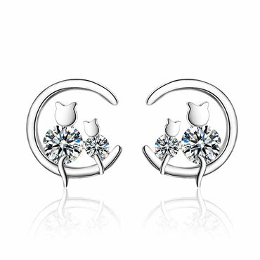 1 Pair Simple Style Shiny Moon Cat Inlay Copper Zircon Ear Studs