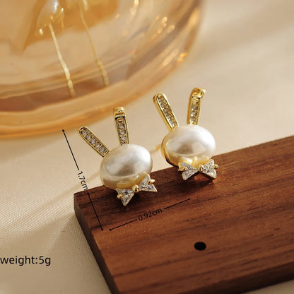 1 Pair Simple Style Shiny Rabbit Bow Knot Hollow Out Inlay Copper Crystal Beads Zircon 18K Gold Plated Ear Studs