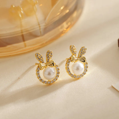 1 Pair Simple Style Shiny Rabbit Bow Knot Hollow Out Inlay Copper Crystal Beads Zircon 18K Gold Plated Ear Studs