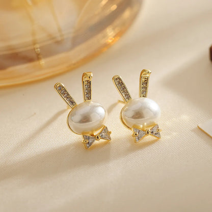 1 Pair Simple Style Shiny Rabbit Bow Knot Hollow Out Inlay Copper Crystal Beads Zircon 18K Gold Plated Ear Studs