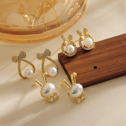 1 Pair Simple Style Shiny Rabbit Bow Knot Hollow Out Inlay Copper Crystal Beads Zircon 18K Gold Plated Ear Studs