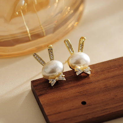 1 Pair Simple Style Shiny Rabbit Bow Knot Hollow Out Inlay Copper Crystal Beads Zircon 18K Gold Plated Ear Studs