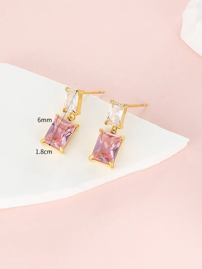 1 Pair Simple Style Shiny Rectangle Plating Inlay Stainless Steel Zircon 18k Gold Plated Drop Earrings