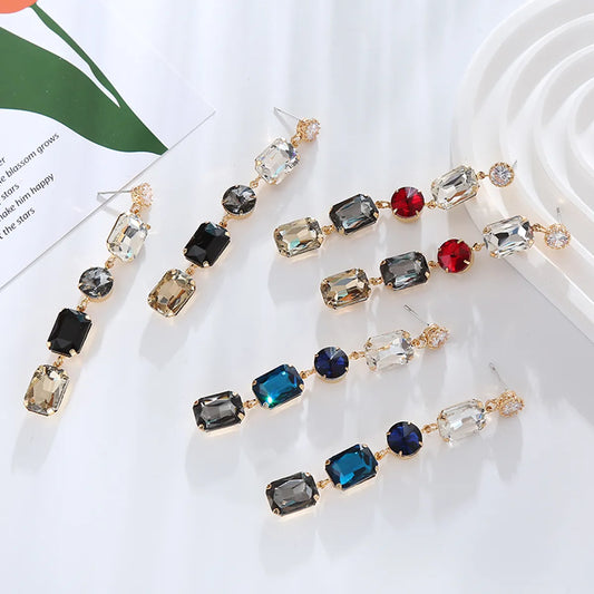 1 Pair Simple Style Shiny Round Square Inlay Alloy Rhinestones Glass Gold Plated Drop Earrings