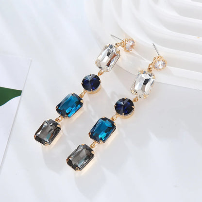 1 Pair Simple Style Shiny Round Square Inlay Alloy Rhinestones Glass Gold Plated Drop Earrings