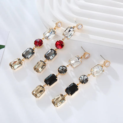 1 Pair Simple Style Shiny Round Square Inlay Alloy Rhinestones Glass Gold Plated Drop Earrings