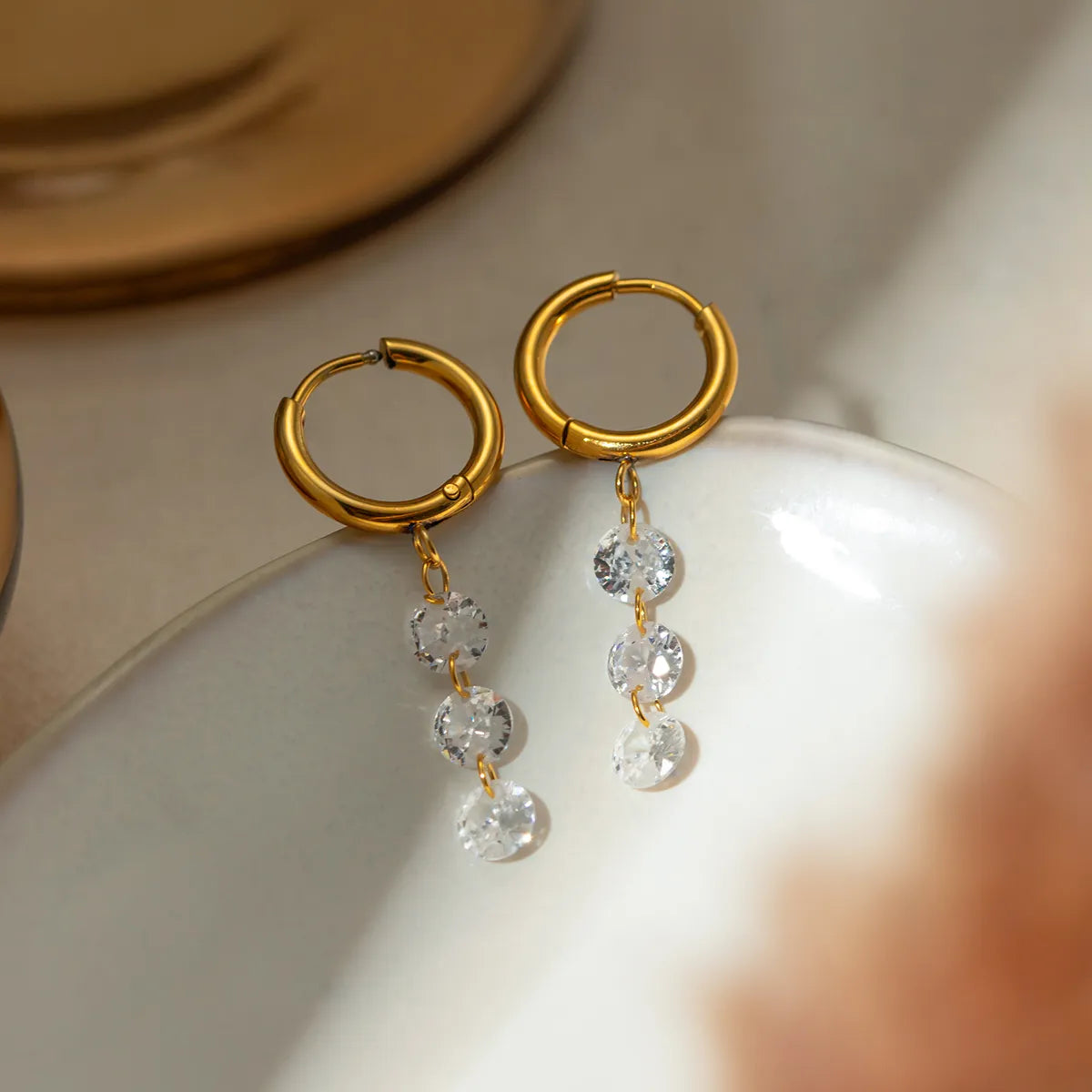 1 Pair Simple Style Shiny Round Zircon 304 Stainless Steel 18K Gold Plated Drop Earrings