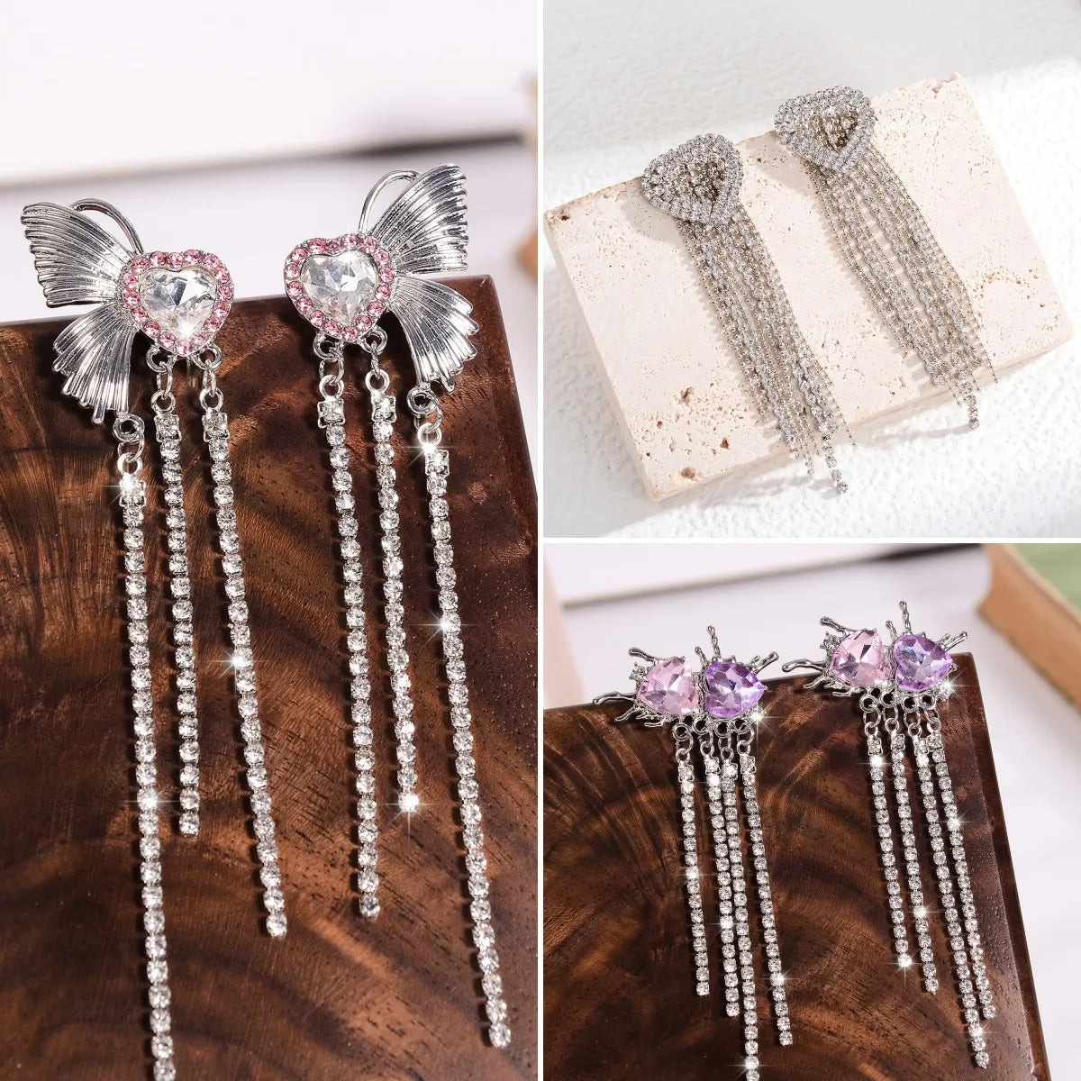 1 Pair Simple Style Shiny Tassel Heart Shape Butterfly Inlay Alloy Rhinestones Drop Earrings