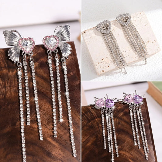 1 Pair Simple Style Shiny Tassel Heart Shape Butterfly Inlay Alloy Rhinestones Drop Earrings