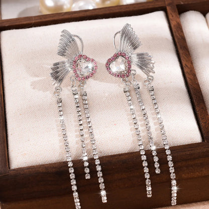 1 Pair Simple Style Shiny Tassel Heart Shape Butterfly Inlay Alloy Rhinestones Drop Earrings