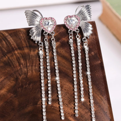 1 Pair Simple Style Shiny Tassel Heart Shape Butterfly Inlay Alloy Rhinestones Drop Earrings