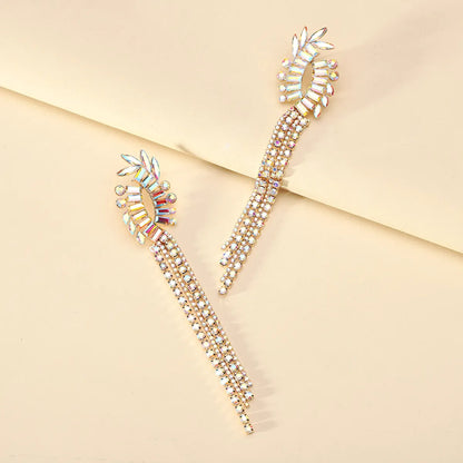 1 Pair Simple Style Shiny Tassel Inlay Alloy Glass Drop Earrings