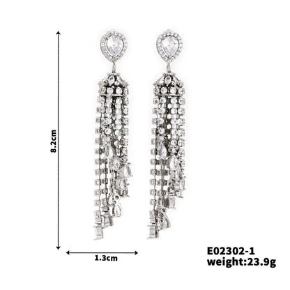 1 Pair Simple Style Shiny Tassel Inlay Copper Zircon Rhodium Plated Drop Earrings