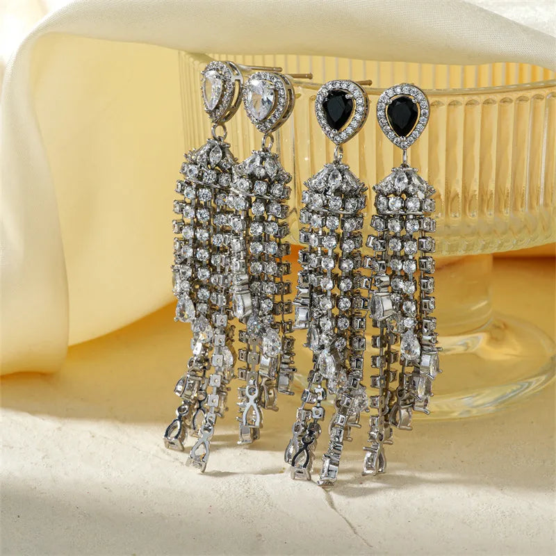 1 Pair Simple Style Shiny Tassel Inlay Copper Zircon Rhodium Plated Drop Earrings