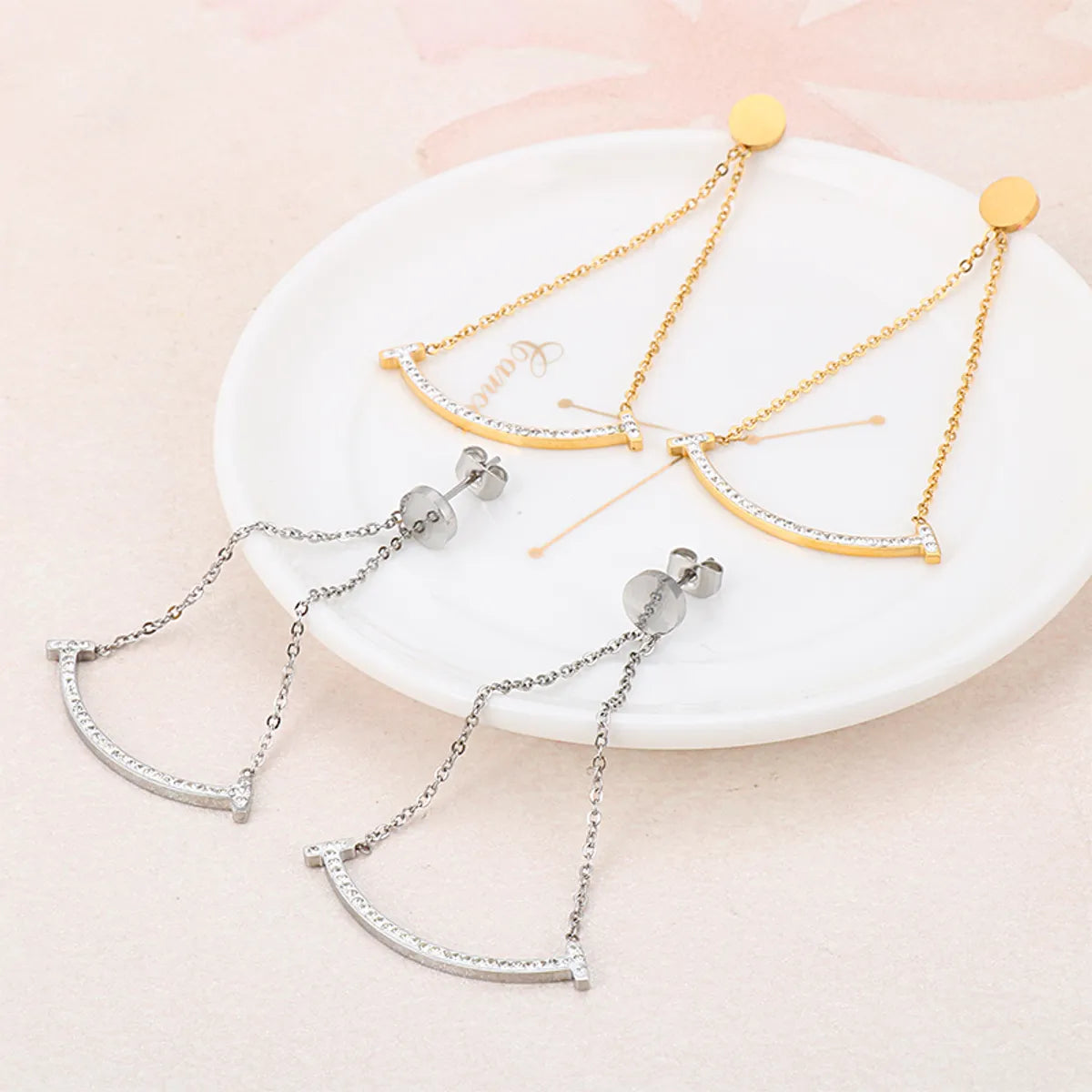 1 Pair Simple Style Smile Face Inlay 304 Stainless Steel Rhinestones 18K Gold Plated Drop Earrings