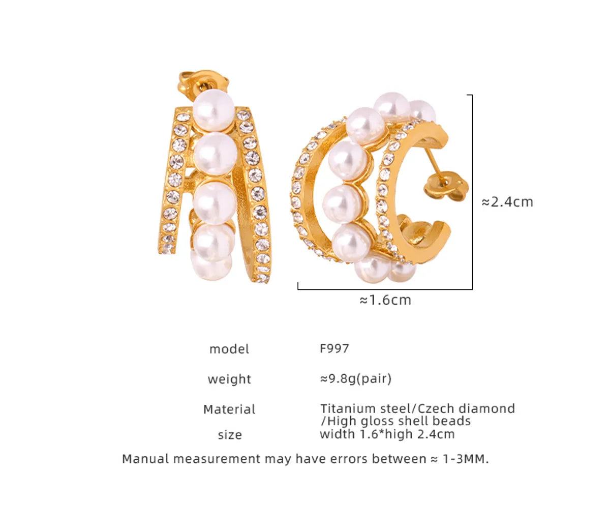 1 Pair Simple Style Solid Color Plating Inlay Artificial Pearl Titanium Steel Artificial Pearls Artificial Diamond 18k Gold Plated Hoop Earrings