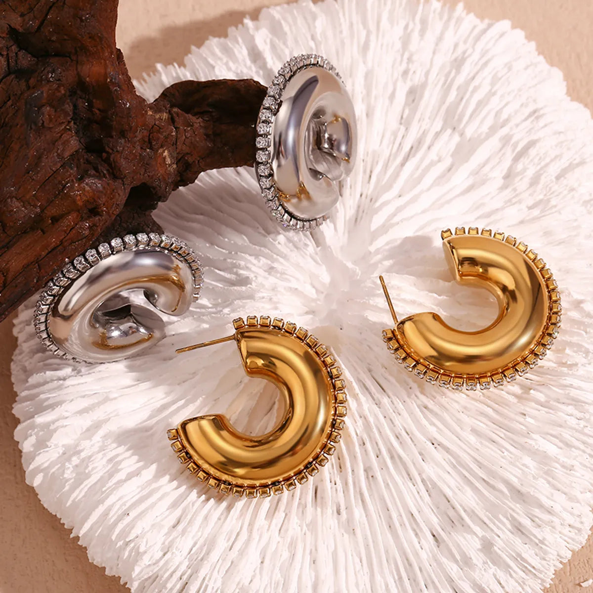 1 Pair Simple Style Solid Color Plating Inlay Stainless Steel Rhinestones 18k Gold Plated Ear Studs