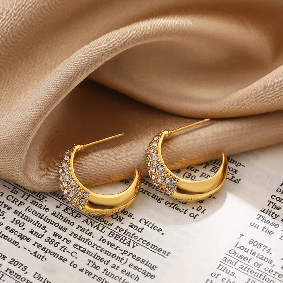 1 Pair Simple Style Solid Color Shiny C Shape Inlay 304 Stainless Steel Copper Zircon Ear Studs