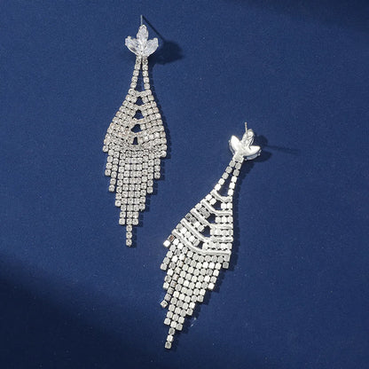 1 Pair Simple Style Solid Color Tassel Plating Inlay Alloy Rhinestones Silver Plated Drop Earrings