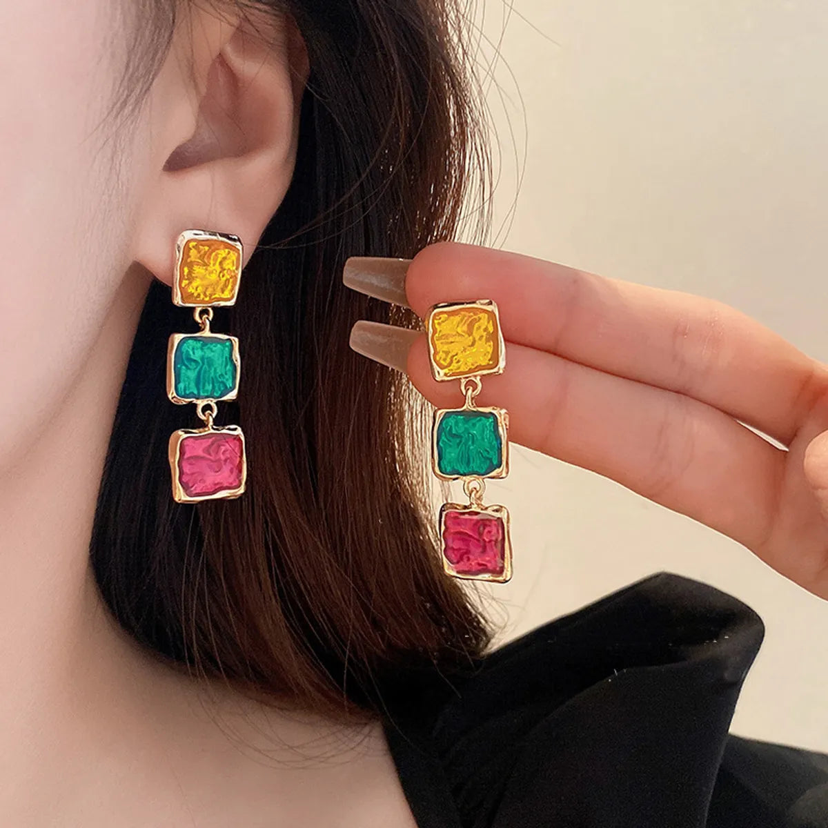 1 Pair Simple Style Square Enamel Alloy Drop Earrings