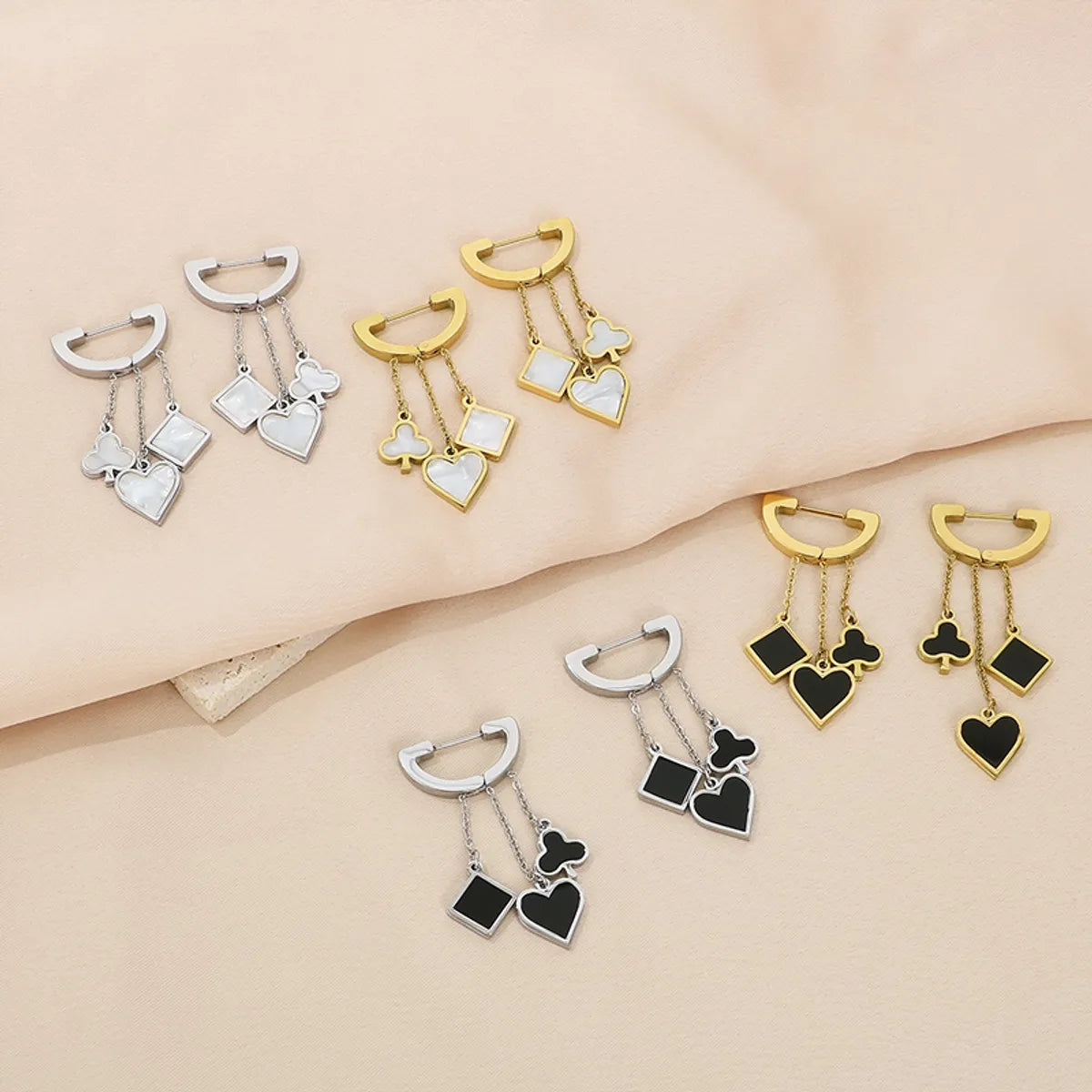 1 Pair Simple Style Square Heart Shape Chain Inlay Stainless Steel Shell Drop Earrings