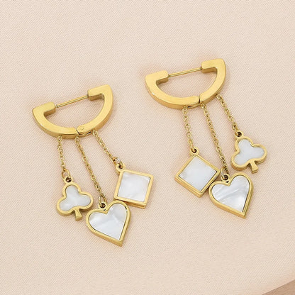 1 Pair Simple Style Square Heart Shape Chain Inlay Stainless Steel Shell Drop Earrings