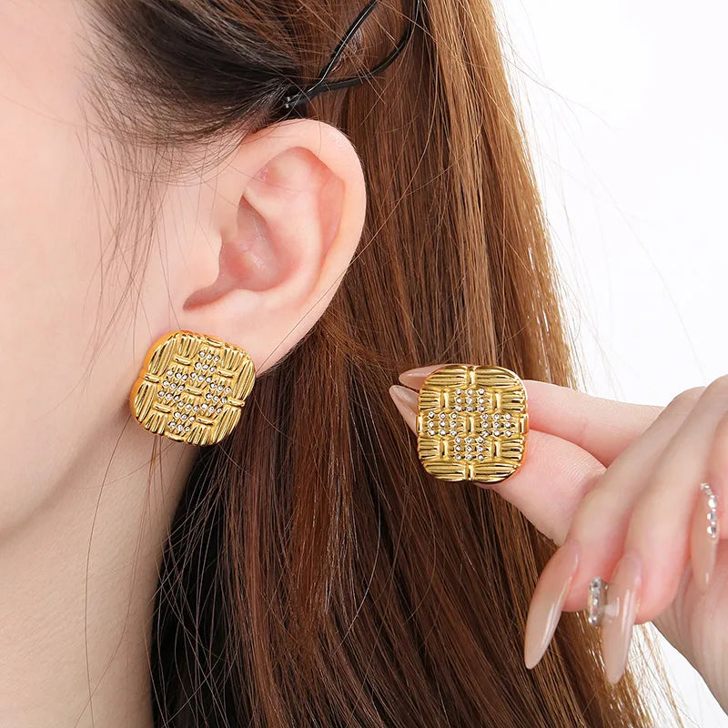 1 Pair Simple Style Square Inlay 304 Stainless Steel Rhinestones 18K Gold Plated Ear Studs