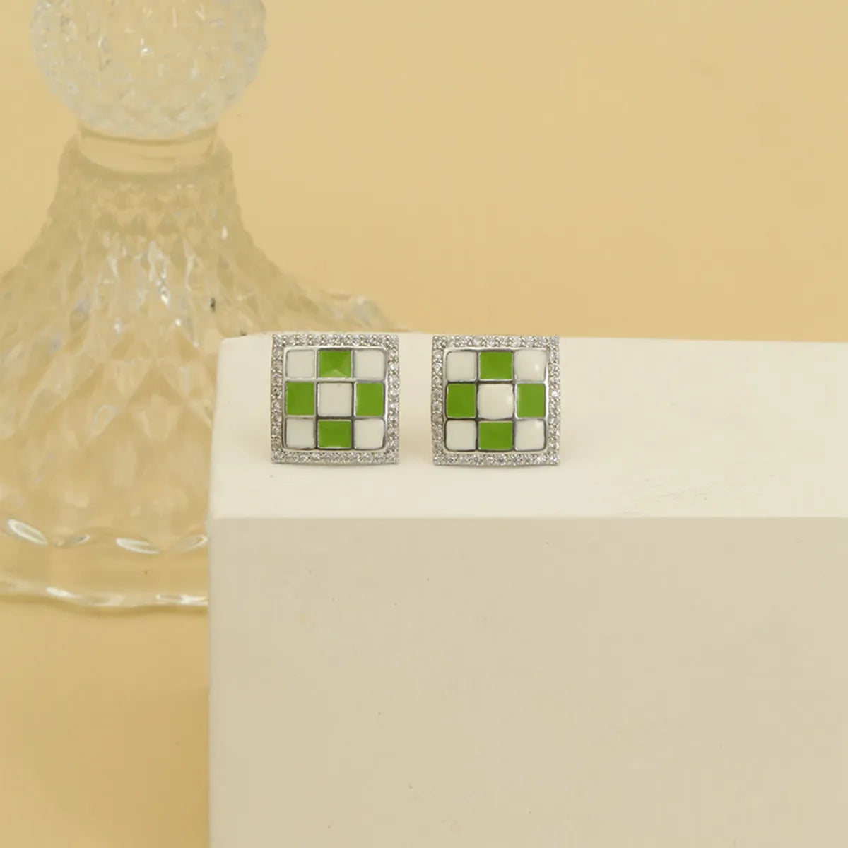 1 Pair Simple Style Square Lattice Enamel Plating Inlay Copper Zircon White Gold Plated Ear Studs