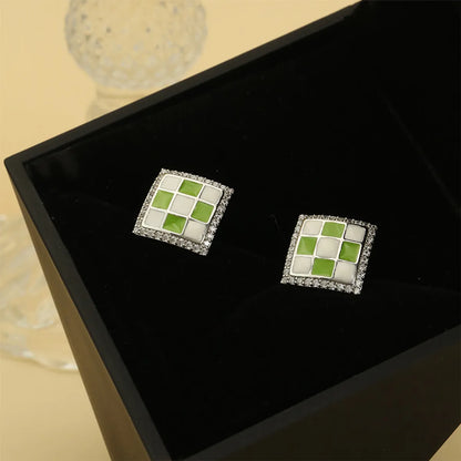 1 Pair Simple Style Square Lattice Enamel Plating Inlay Copper Zircon White Gold Plated Ear Studs