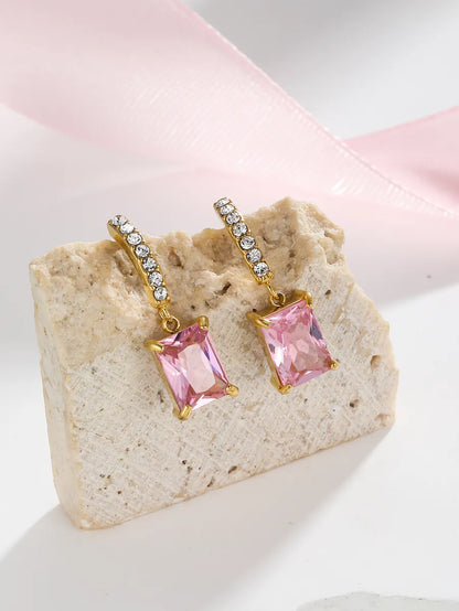 1 Pair Simple Style Square Plating Inlay Stainless Steel Zircon 18k Gold Plated Drop Earrings