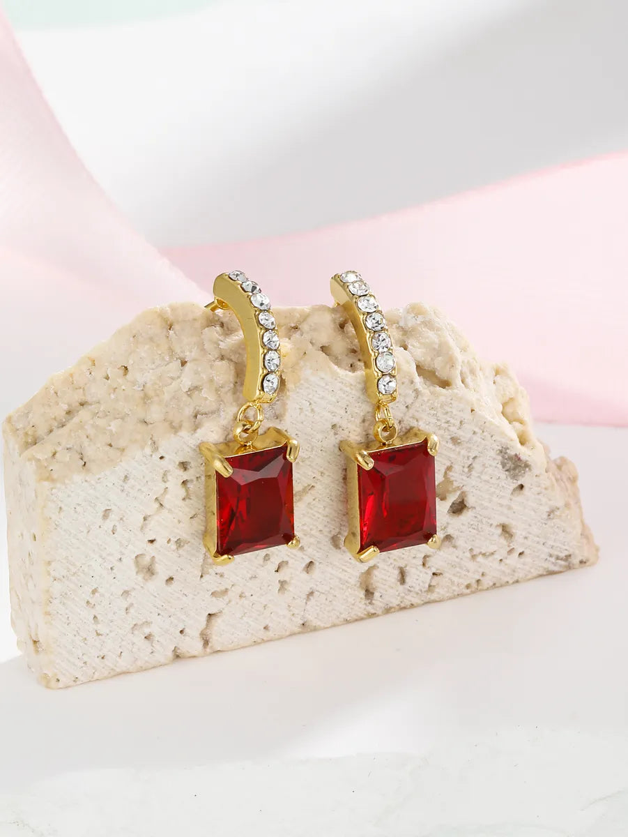 1 Pair Simple Style Square Plating Inlay Stainless Steel Zircon 18k Gold Plated Drop Earrings